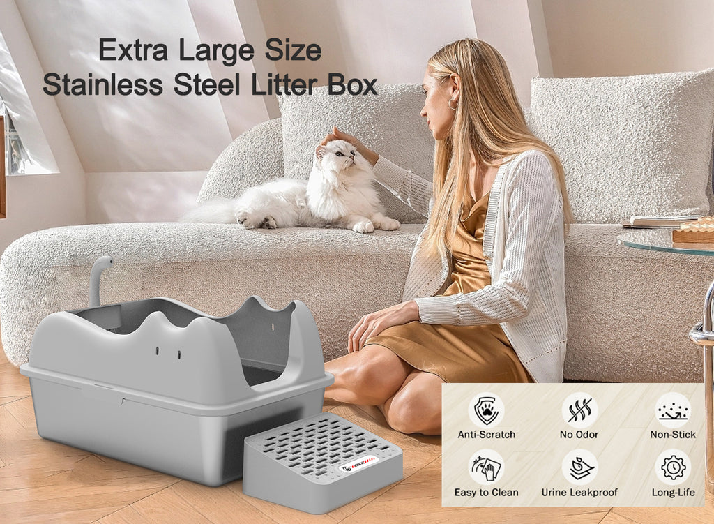 Stainless Steel Cat Litter Box Splash-Proof Large Semi-Enclosed Cat Toilet Pet Cleaning Supplies Open Cat Litter Tray